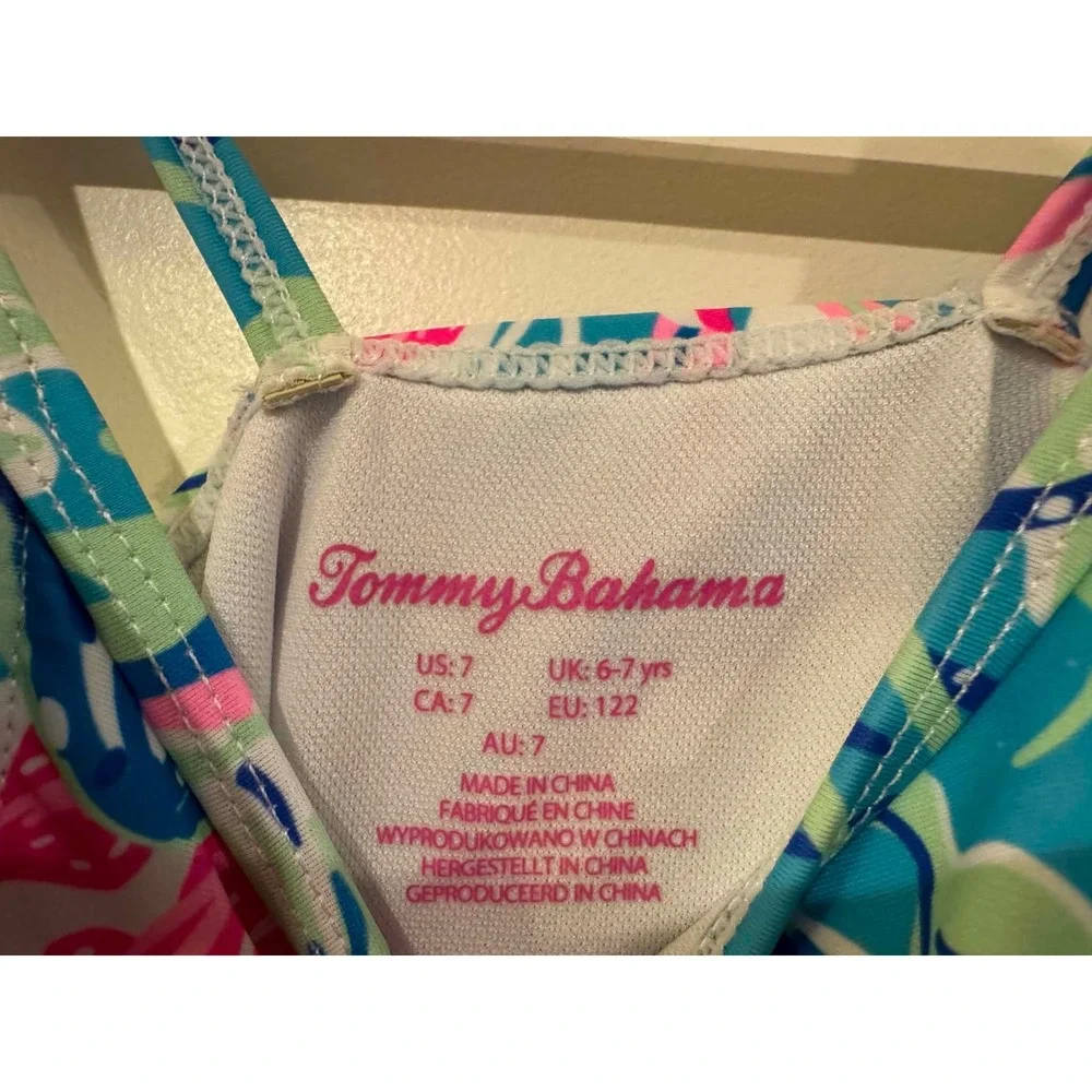 Tommy Bahama Swimsuit One Piece Kids Size 7 Blue Pink Tropical Ruffle Pom Pom EX